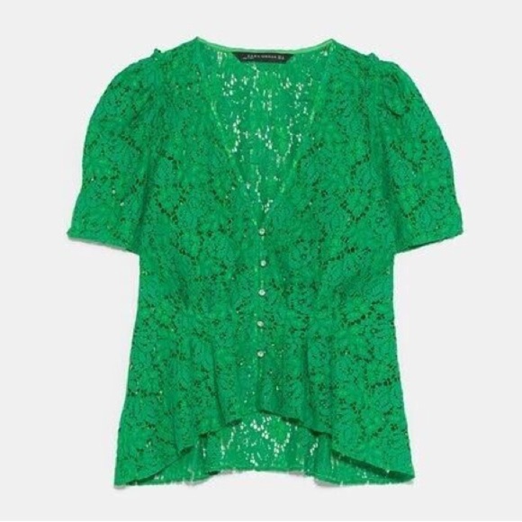 Zara Lace V-Neck Top Short Sleeve Rhinestone Button Blouse Green Size Small NWT - Picture 7 of 16